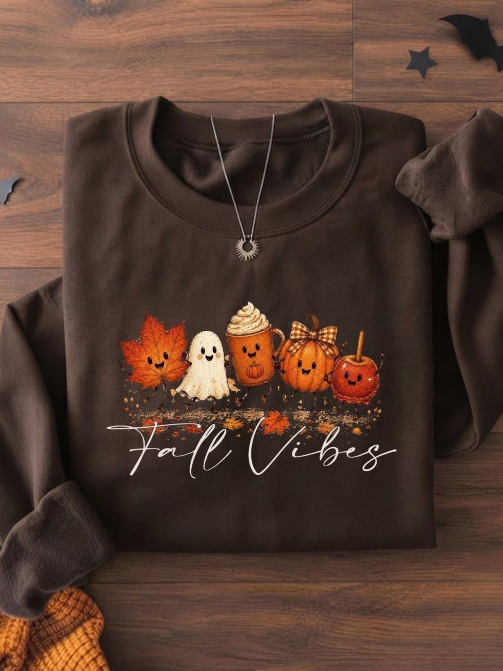 Fall Vibes Cute Ghost Pumpkin Coffee Halloween Brown Gildan Sweatshirt